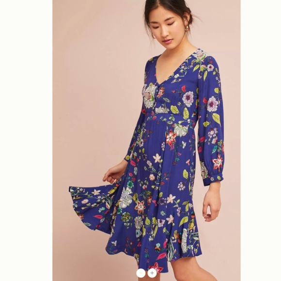 Maeve Anthropologie Maplewwod blue long Sleeve Cinch Waist Dress Size XS - Picture 1 of 14